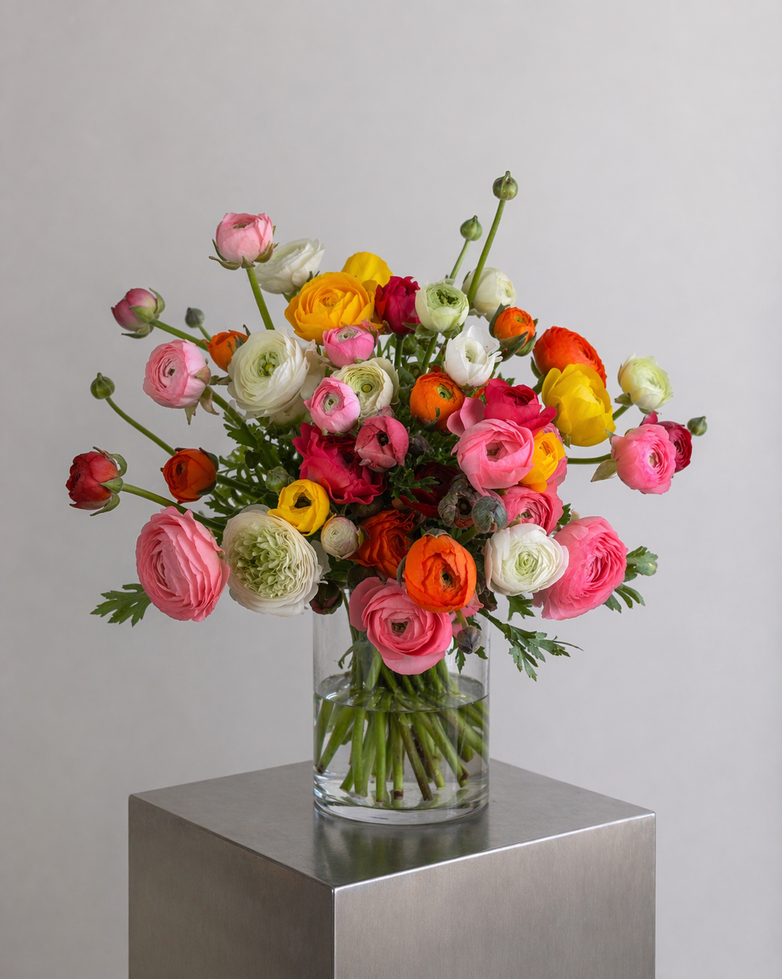 Bouquet 30 renoncules multicolores rose corail jaune et blanc dans un vase